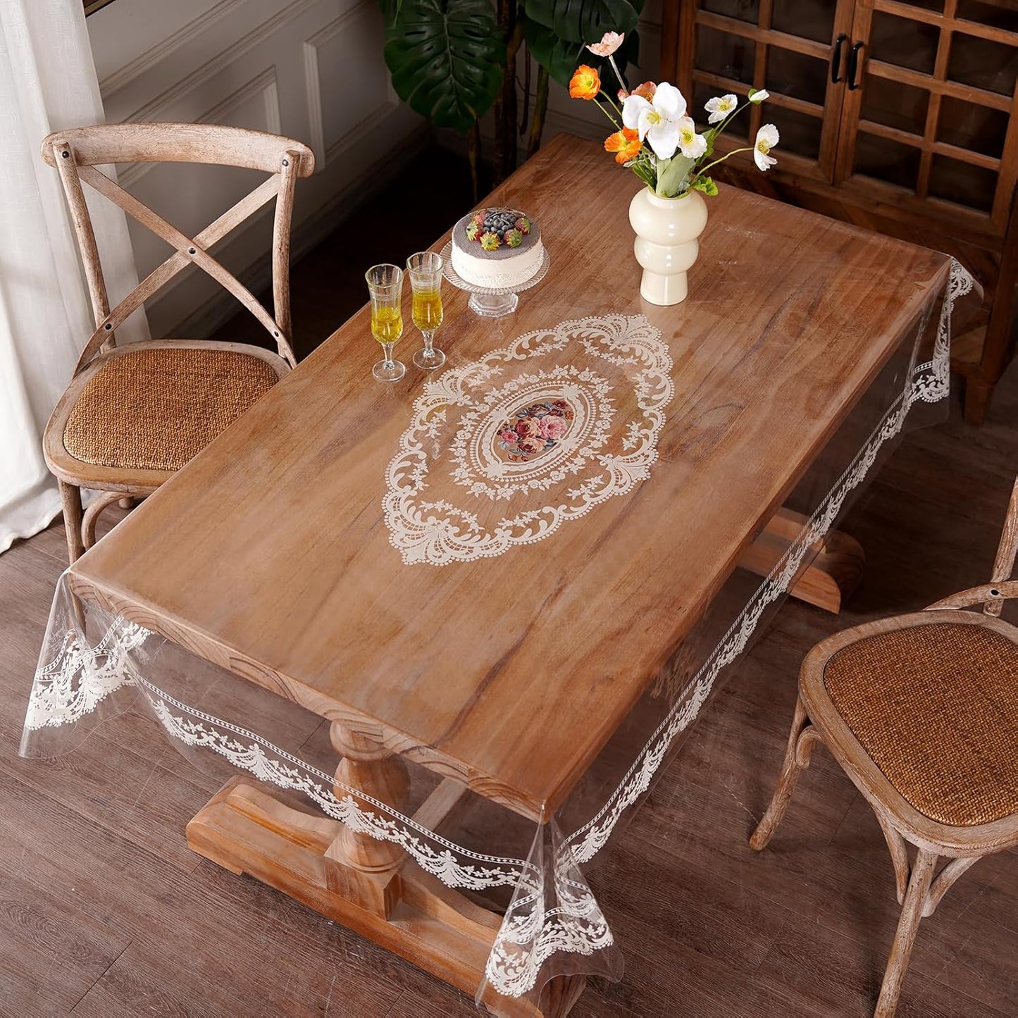 Clear Table Cover Protector Vinyl PVC Rectangle Table Cloth with Floral Fruit Pattern Oil Spill Proof Plastic Tablecloths for Dining Tables Parties Holidays (Floral Fruit, 52 x 70 Inches)