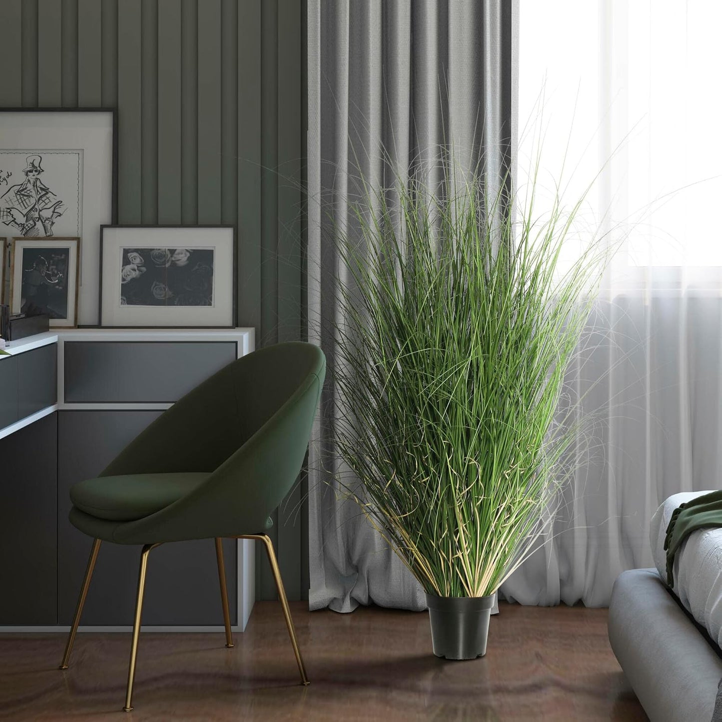 Vickerman 60" Tall PVC Artificial Potted Green Curled Grass Decor - Realistic Looking Greenery Decoration for Home Kitchen Business Office Arrangements