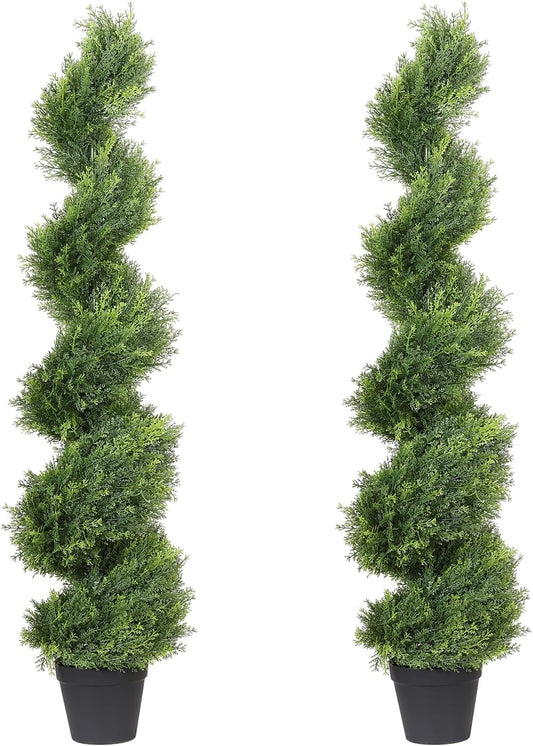 THE BLOOM TIMES 4ft Artificial Topiary Trees Set of 2, 48 inch Faux Cedar Cypress Spiral Topiary Trees Outdoor - Fake Plants for Garden Front Porch Indoor Outside Planter Decor 4 Foot