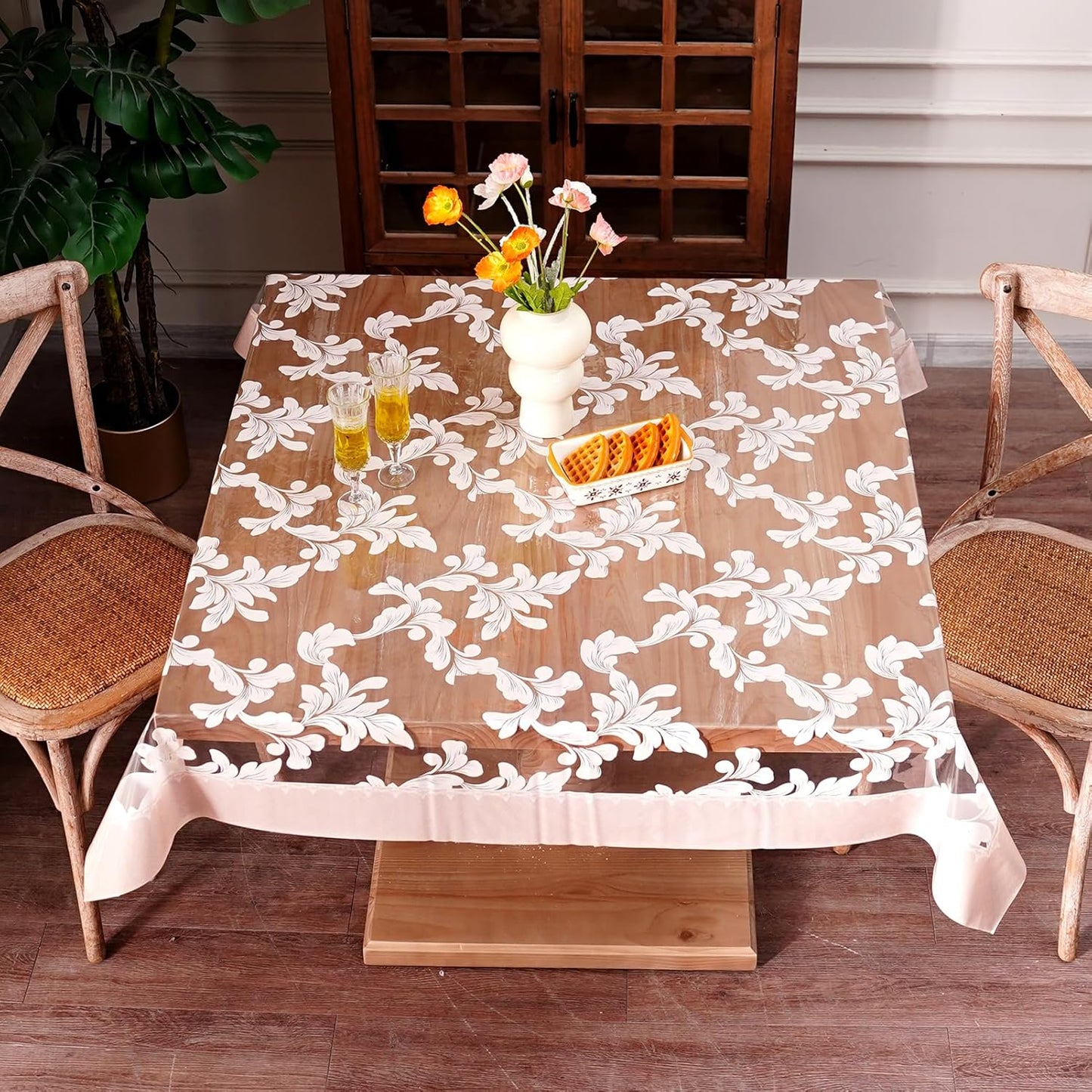 Clear Table Cover Protector Vinyl PVC Rectangle Table Cloth with Floral Fruit Pattern Oil Spill Proof Plastic Tablecloths for Dining Tables Parties Holidays (Floral Fruit, 52 x 70 Inches)