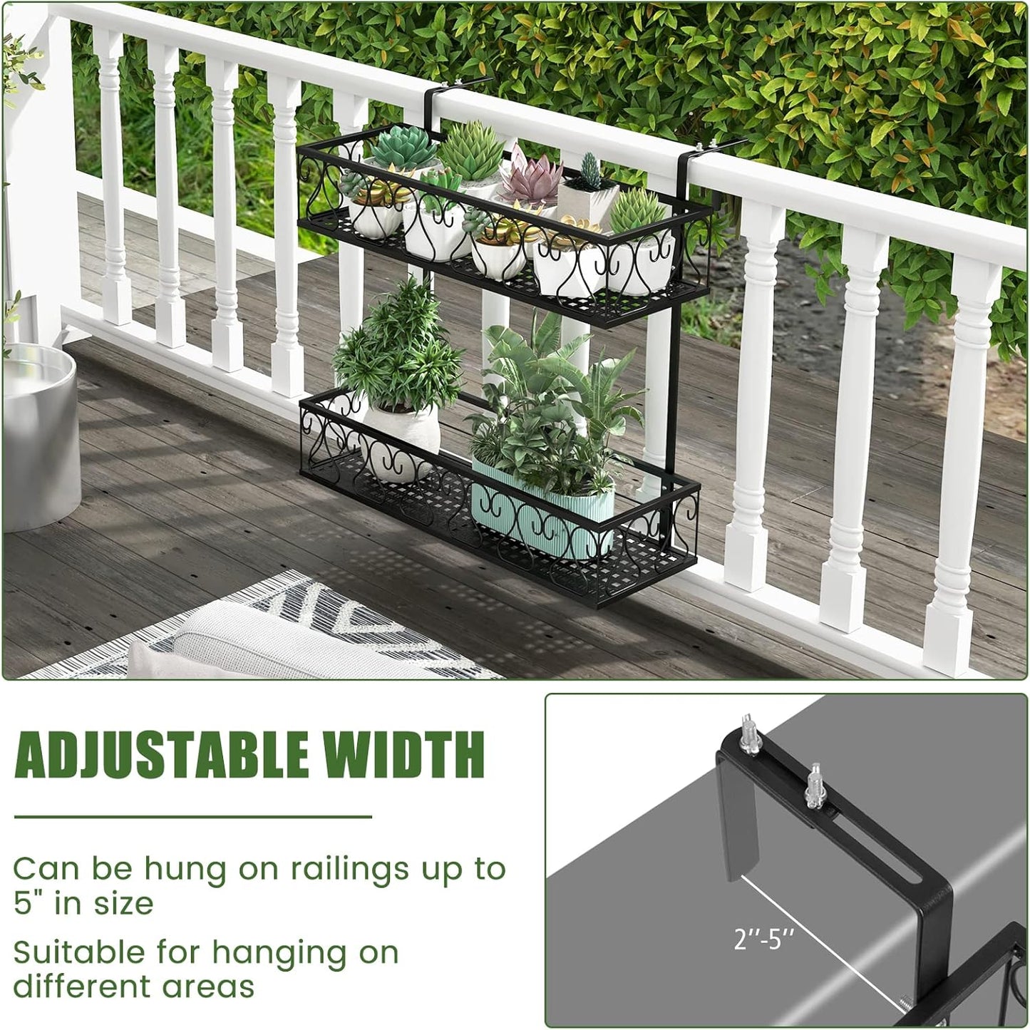 Giantex Balcony Flower Pot Stand Rack w/ Adjustable Hooks & 2 Planter Baskets , Patio Railing Shelf Plant Pots Holder, Metal Hanging Planter for Outdoor Windows Porch Fence