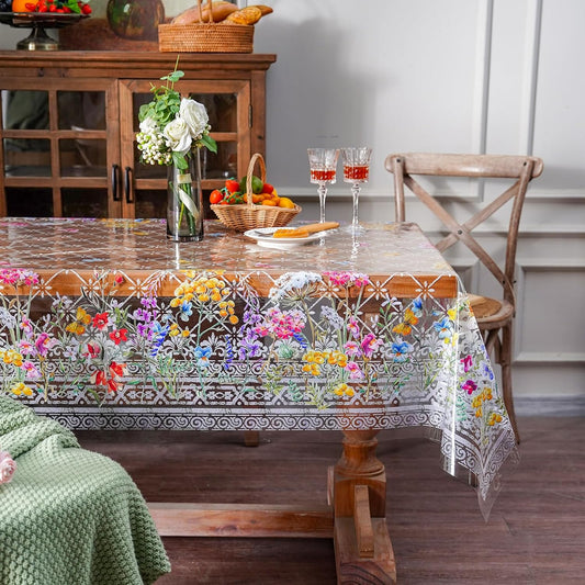 ARTABLE Clear Table Cover Protector Vinyl PVC Rectangle Table Cloth with Floral Print Pattern Oil Proof Wipe-able Plastic Tablecloths for Dining Tables Parties Holidays (Flowers, 55 x 84 Inches)