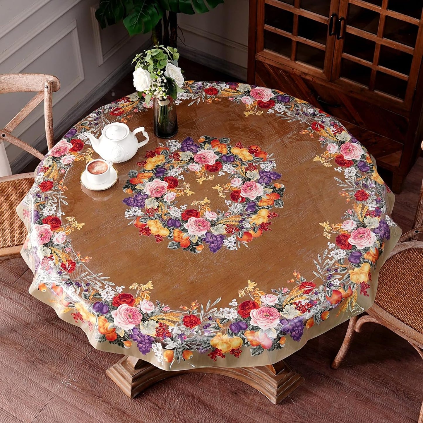 Clear Table Cover Protector Vinyl PVC Rectangle Table Cloth with Floral Fruit Pattern Oil Spill Proof Plastic Tablecloths for Dining Tables Parties Holidays (Floral Fruit, 52 x 70 Inches)