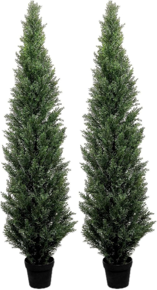 6 Feet Pre-Potted Evergreen Outdoor Artificial Cedar Tree Privacy Screen for Front Porch Decor, Outdoor Decor, Entryway Fake Tree, Tall Faux Tree with UV Resistant Coating (2 Pack)