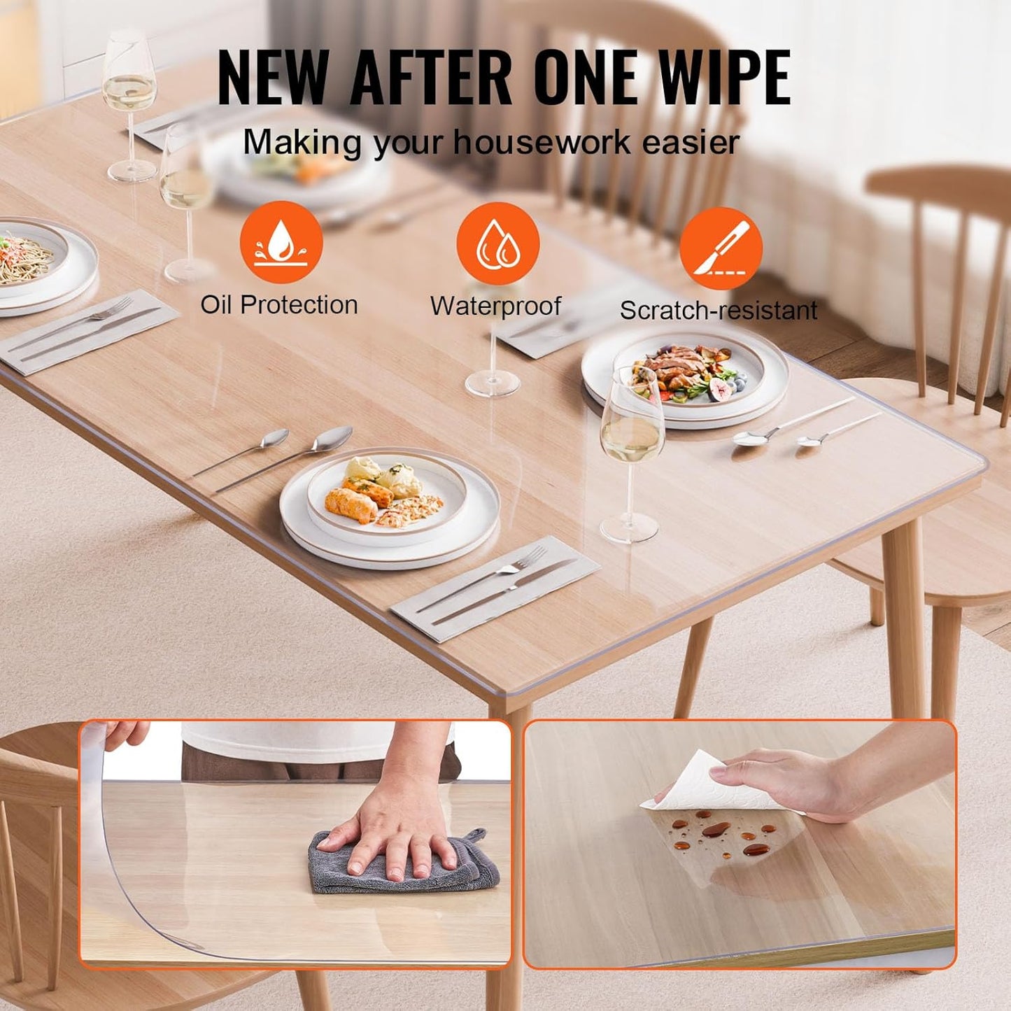 VEVOR Plastic Table Cover, 42 x 60 Inch 2.0 mm Thick Clear PVC Desk Mat Protector, Waterproof & Easy Cleaning Desk Pad Tablecloth, for Office, Dresser, Dining Room, Night Stand