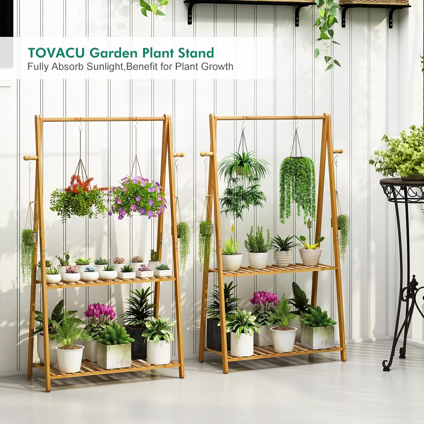 Hanging Plant Shelf Indoor Outdoor Plant Stands Wood Flower Stand 2 Tiered Bamboo Plant Shelves Holder Rack for Patio Balcony Garden (Tall,50 inch)