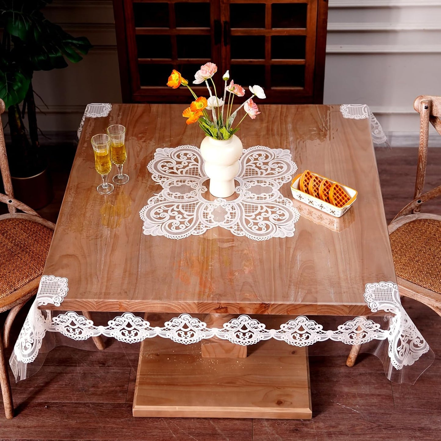 Clear Table Cover Protector Vinyl PVC Rectangle Table Cloth with Floral Fruit Pattern Oil Spill Proof Plastic Tablecloths for Dining Tables Parties Holidays (Floral Fruit, 52 x 70 Inches)