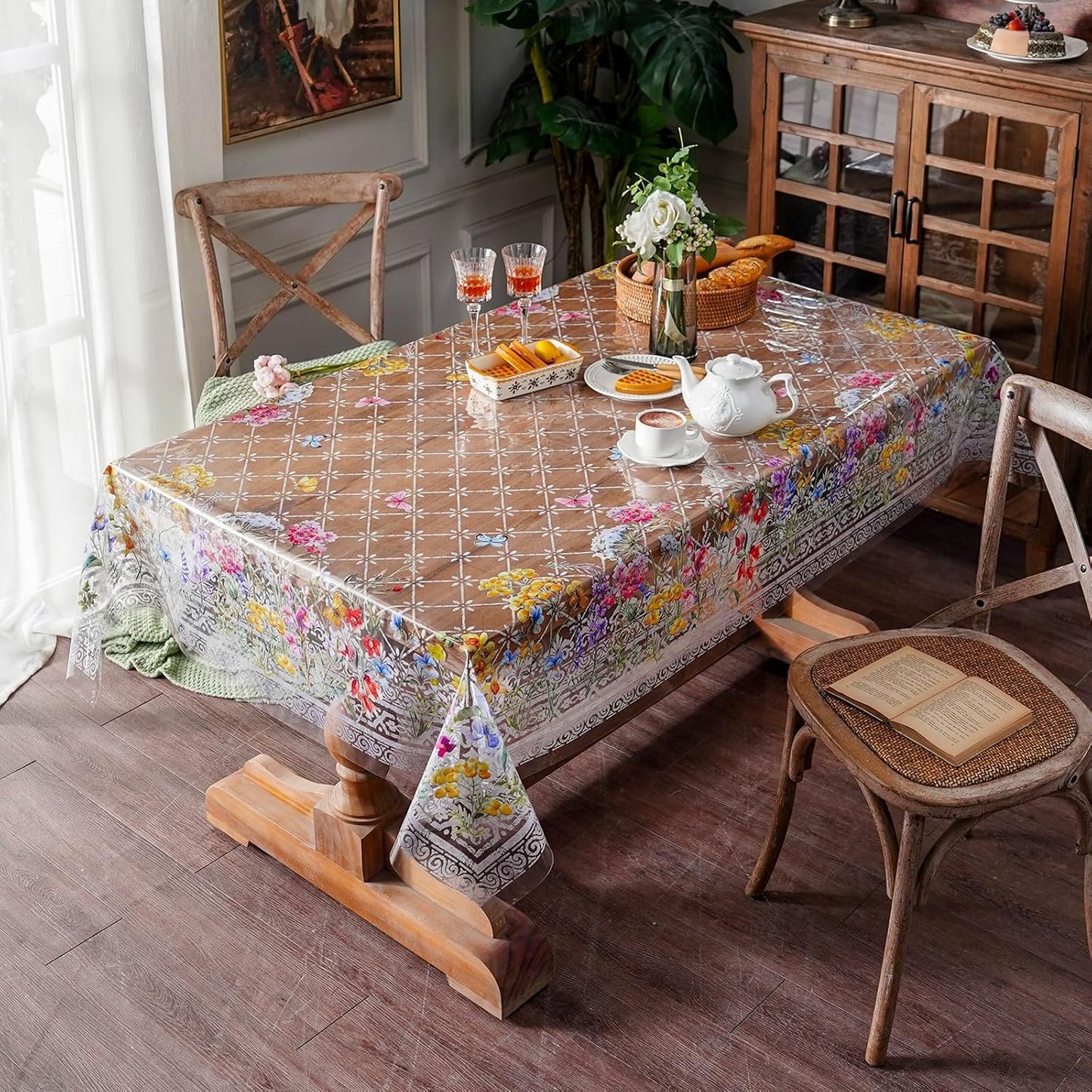 ARTABLE Clear Table Cover Protector Vinyl PVC Rectangle Table Cloth with Floral Print Pattern Oil Proof Wipe-able Plastic Tablecloths for Dining Tables Parties Holidays (Flowers, 55 x 84 Inches)