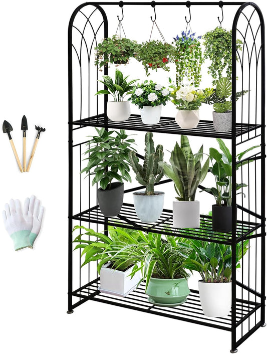 Heavy Duty Metal 3 Tiered Tall Plant Stand, Large Hanging Planter Shelf for Multiple Flowers Pot Holder Rack with Plant Tool & Gloves & Hooks for Living Room Garden Balcony, Black