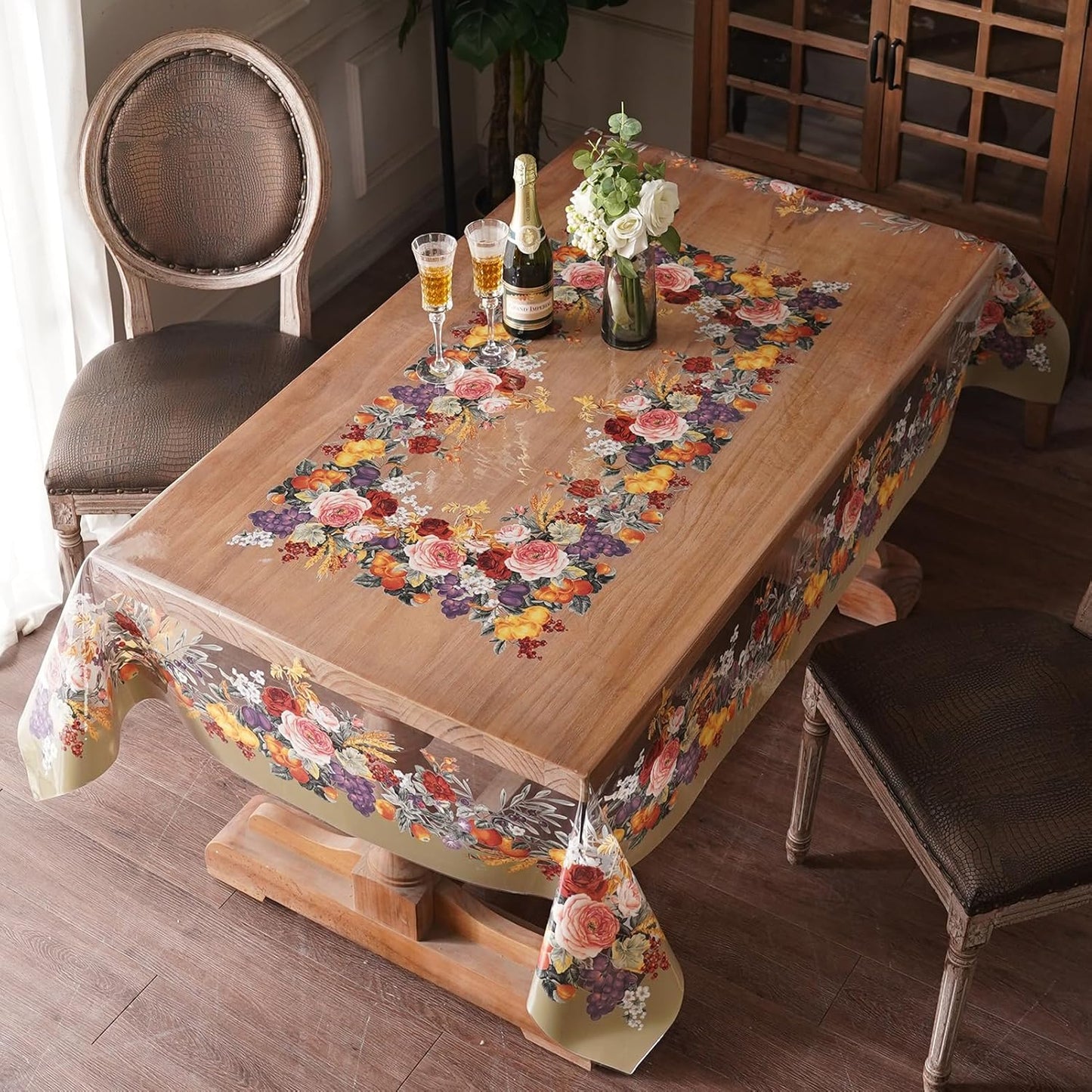 Clear Table Cover Protector Vinyl PVC Rectangle Table Cloth with Floral Fruit Pattern Oil Spill Proof Plastic Tablecloths for Dining Tables Parties Holidays (Floral Fruit, 52 x 70 Inches)
