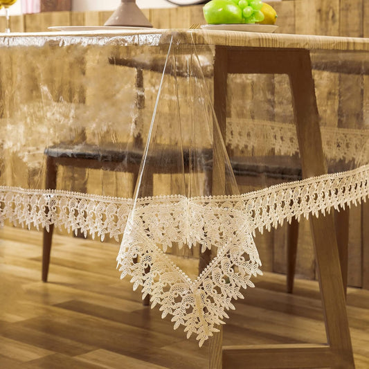 Clear Plastic Table Cover Protector Transparent PVC Vinyl with Lace for Dining Room Tablecloth Waterproof Oil Proof Table Protector for Indoor Outdoor Holidays Party Decor, 60''x104''