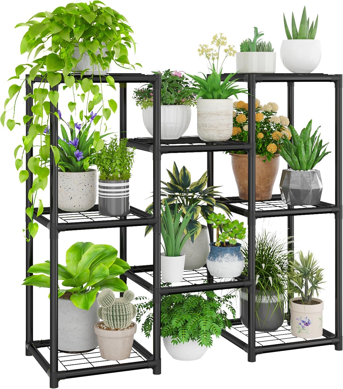 Plant Stand Outdoor Tall Plant Shelf Indoor Metal Large Hanging Plant Cabinet Waterproof Plant Rack Flower Holder for Living Room Patio Balcony Garden Black