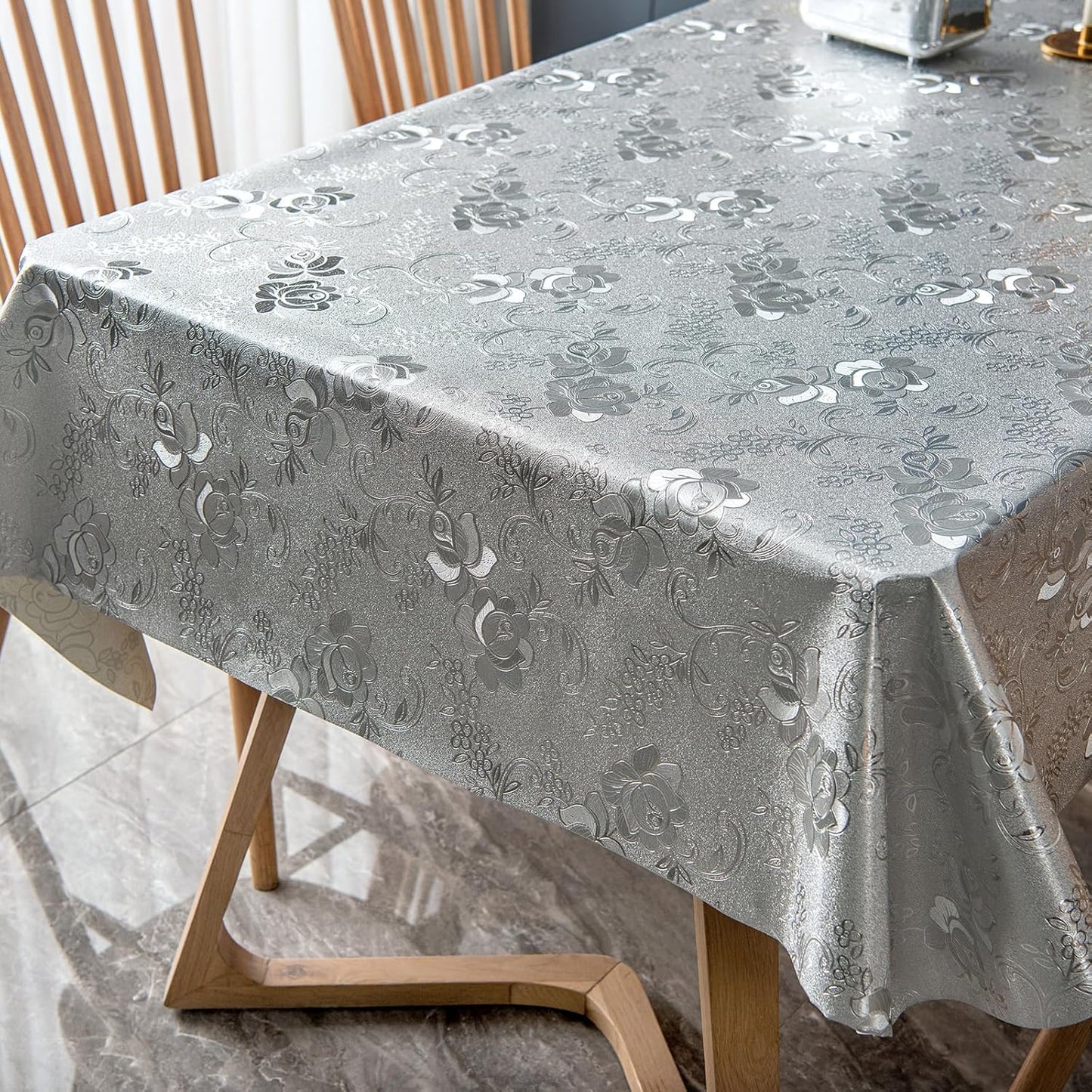 FAVE Silver Tablecloth Heavy Duty Vinyl Tablecloth Waterproof Oil-Proof PVC Table Cloth Stain-Resistant for Wedding, Banquet, Birthday, Party, Restaurant Decorations (Silver Rose, 55"x87")