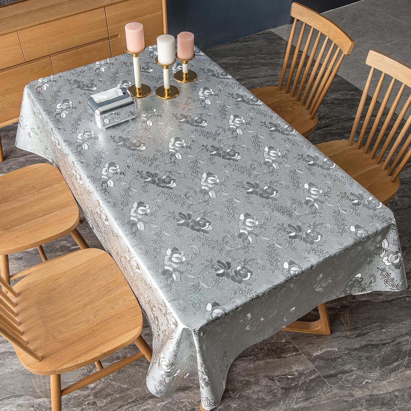 FAVE Silver Tablecloth Heavy Duty Vinyl Tablecloth Waterproof Oil-Proof PVC Table Cloth Stain-Resistant for Wedding, Banquet, Birthday, Party, Restaurant Decorations (Silver Rose, 55"x87")