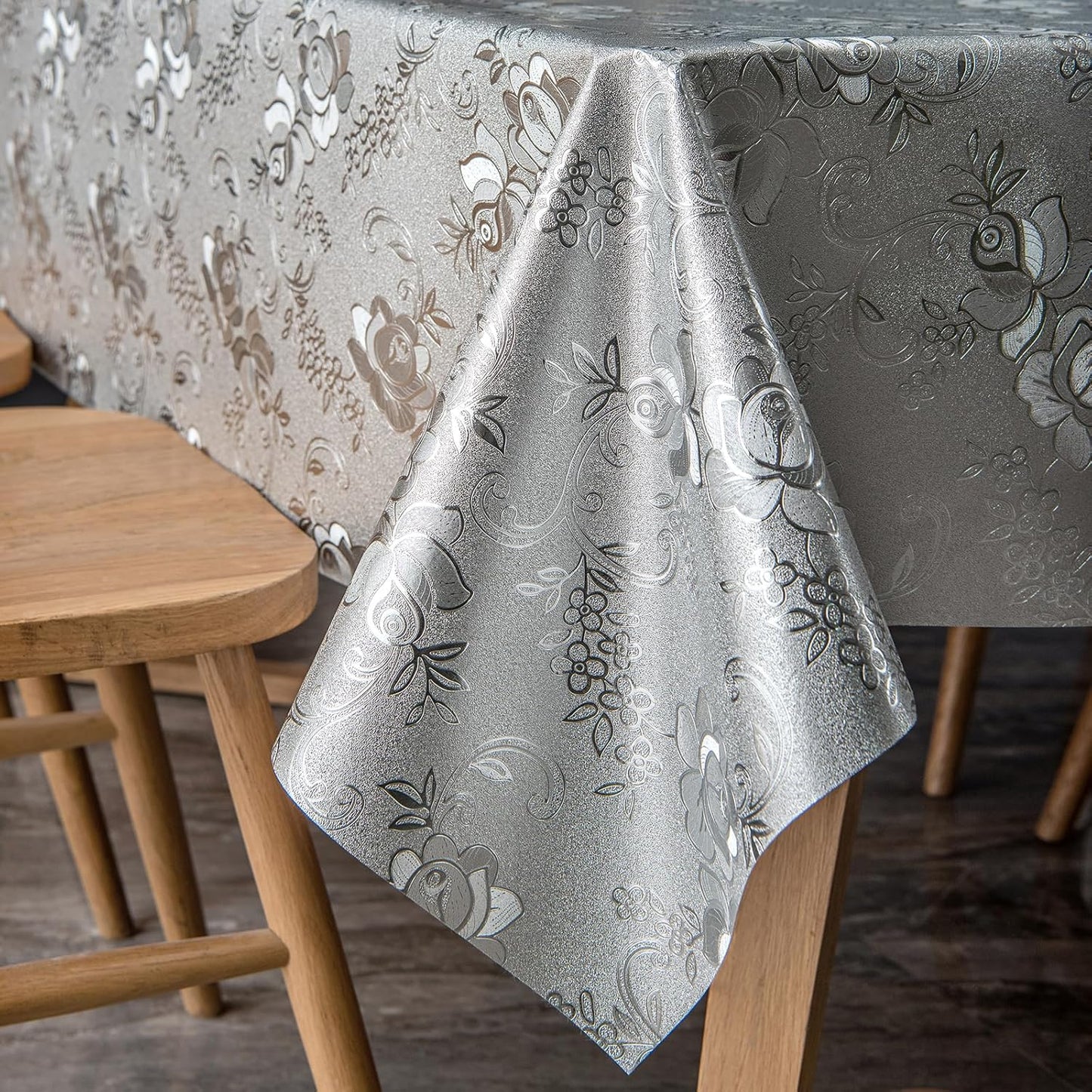FAVE Silver Tablecloth Heavy Duty Vinyl Tablecloth Waterproof Oil-Proof PVC Table Cloth Stain-Resistant for Wedding, Banquet, Birthday, Party, Restaurant Decorations (Silver Rose, 55"x87")