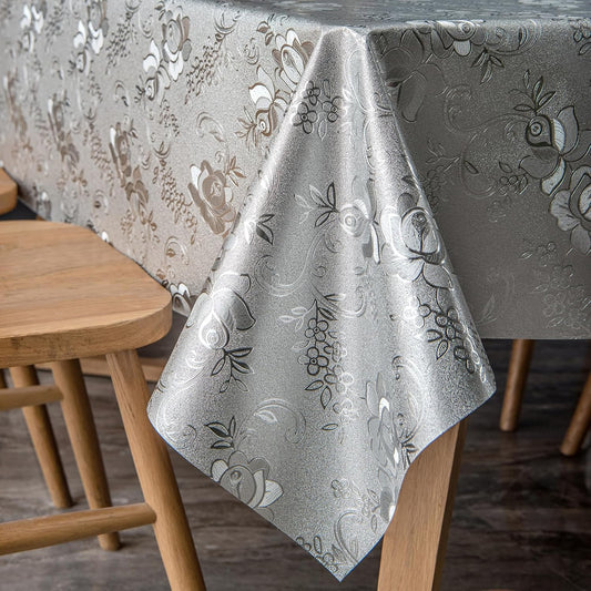FAVE Silver Tablecloth Heavy Duty Vinyl Tablecloth Waterproof Oil-Proof PVC Table Cloth Stain-Resistant for Wedding, Banquet, Birthday, Party, Restaurant Decorations (Silver Rose, 55"x87")